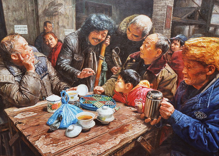 陈安健《茶馆系列-田棒棒走黑棋》110x78cm 2010年 布面油画.jpg