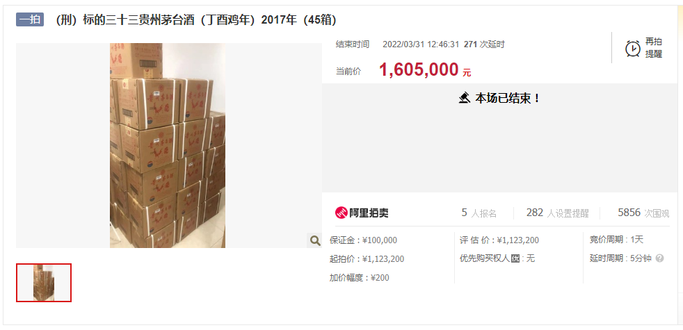51项涉刑案茅台酒拍出531万元员工品鉴酒溢价105%，茅五会见酒10万元