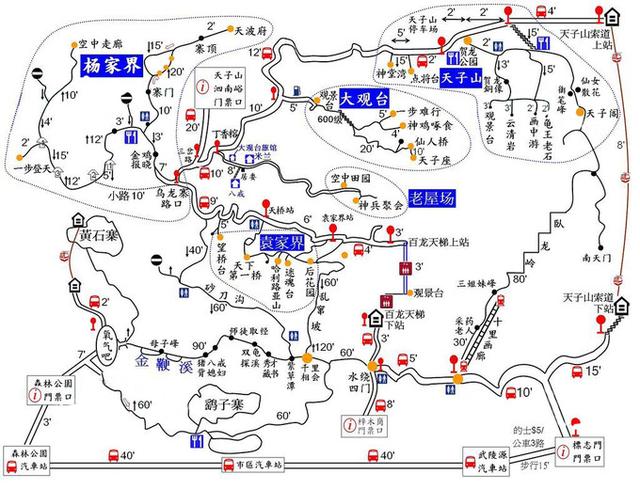 张家界森林公园手绘地图+景区内自费交通工具及费用