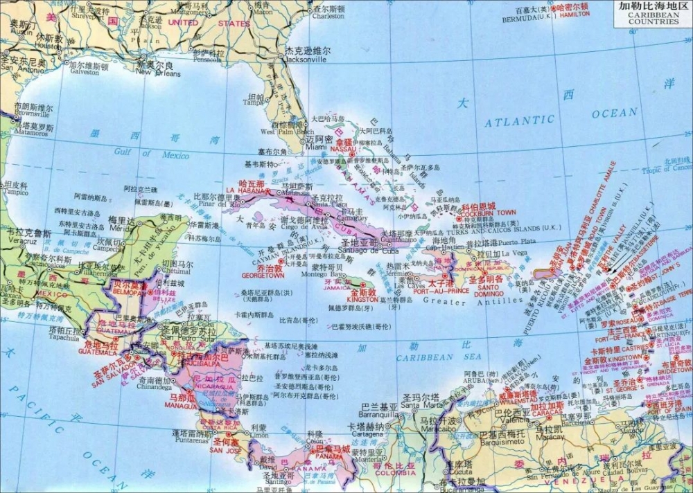 西临中美洲的哥斯达黎加,尼加拉瓜和墨西哥的尤卡坦半岛,北靠墨西哥湾